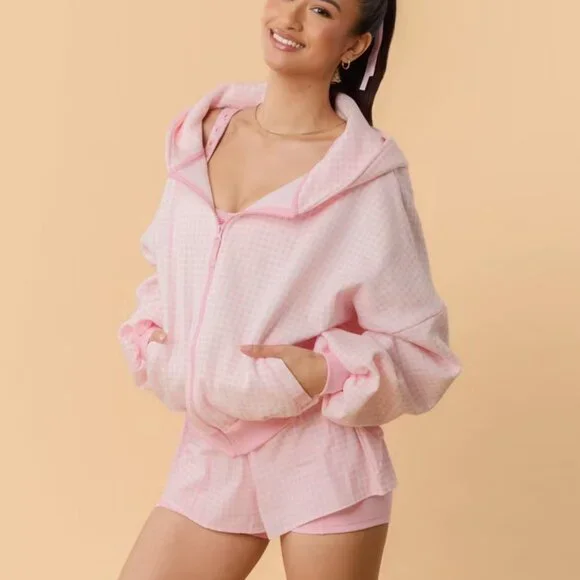 NWT Blogilates Marshmallow Full Zip Hoodie - Pink Gingham - Picture 7 of 11